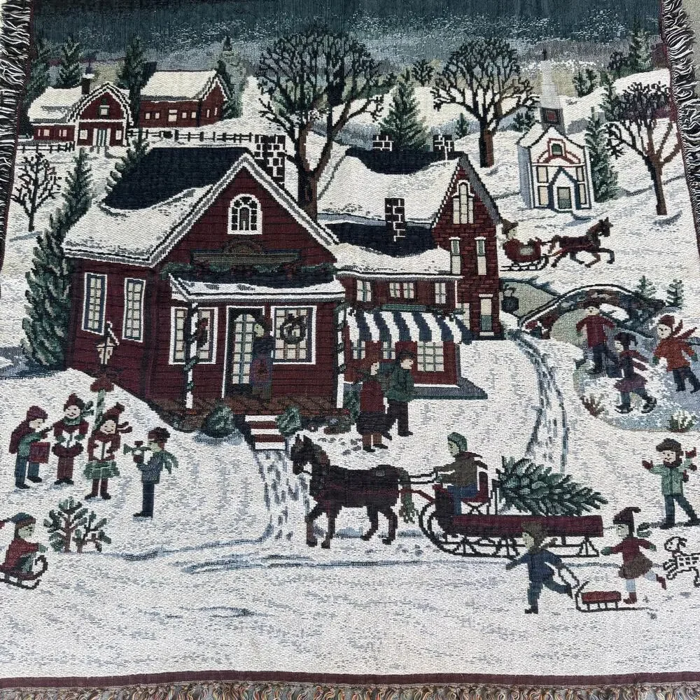 Vintage Christmas Woven Throw Blanket Winter Village Tapestry Fringe 47x53